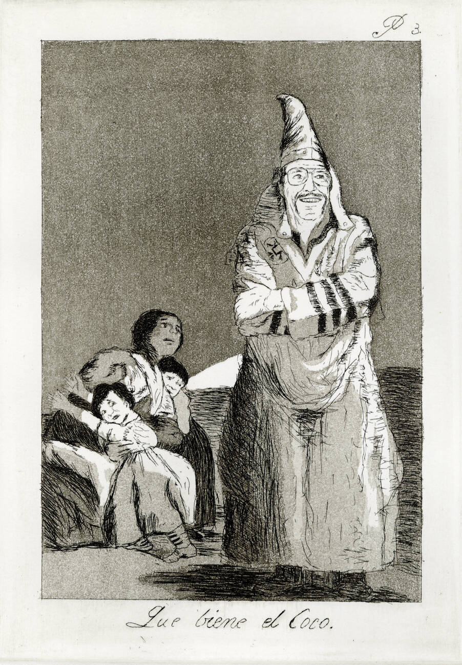 Black and white print; woman sitting to left with small children , figure standing at right with pointed hat that looks like a wizard.